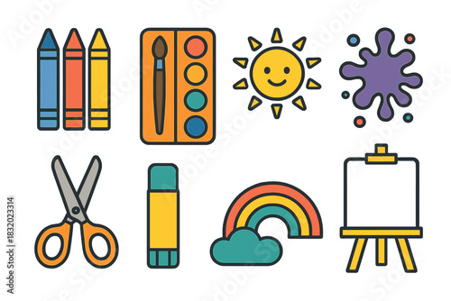 Colorful Kids Art Supplies. Kids Art Class flat icon set: crayon, watercolor set, smiling sun, paint splatter, scissors, glue stick, rainbow, artboard