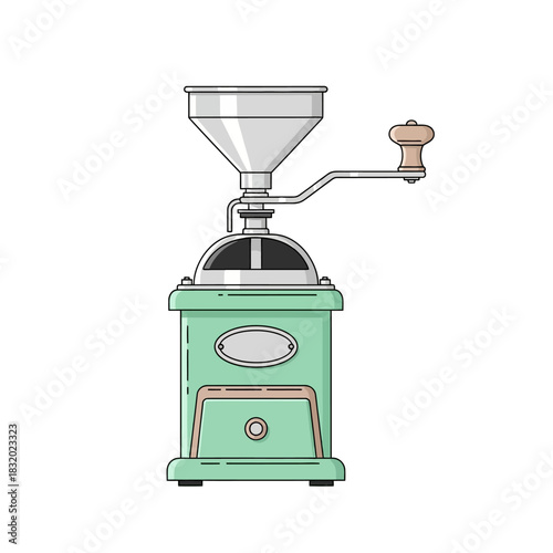 Vintage Aesthetic: Pastel Green Coffee Grinder with Hand Crank and Refined Illustration Style