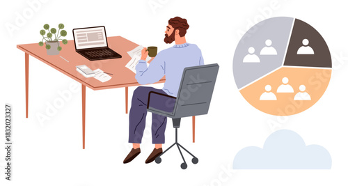 Man reading papers at desk with laptop and coffee, plants, and graphs nearby. Circular teamwork infographic showing collaboration. Ideal for business, analysis, productivity, teamwork, leadership