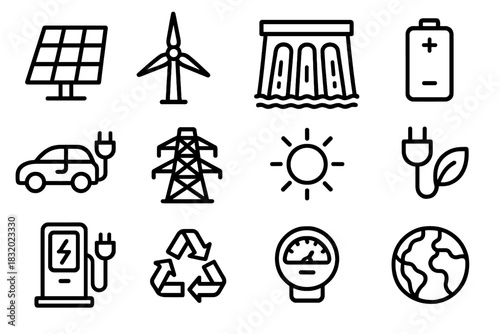 Clean Energy Icons. Clean Energy Systems linear icon set. solar panel, wind turbine, hydro dam, battery storage, electric car, power grid, sun icon, green plug, charging station