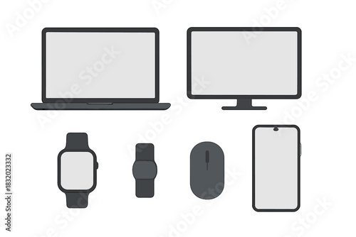 Modern electronics setup featuring a laptop, desktop monitor, smartwatches, smartphone, and mouse placed on a clean background