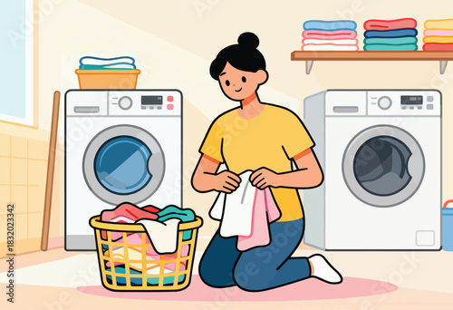 Illustration depicts a person folding laundry in a laundry room with washing machines, basket, and folded clean clothes