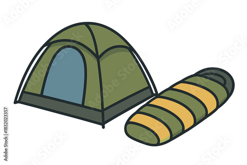 Camping gear including a tent and sleeping bag for outdoor adventures in nature