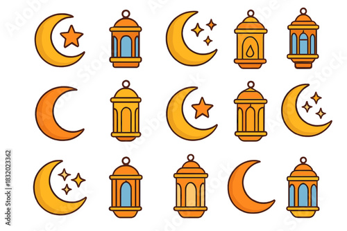 Decorative symbols of the crescent moon and lantern for festive celebrations in various designs