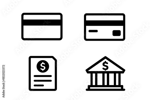 Credit and debit card icons alongside a bill and bank symbol representing financial transactions and budgeting
