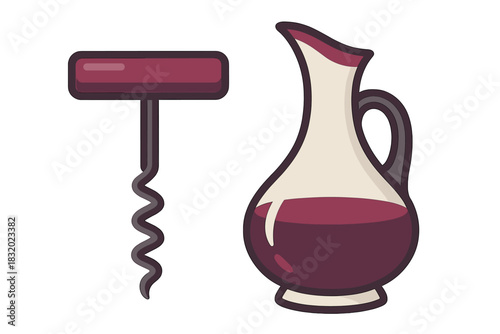 Corkscrew and wine decanter with red wine on a table setting for an elegant dinner