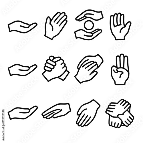 Supportive Hand Gestures. Hands Symbol Pack linear icon set: supportive palm, caring hands, holding circle, protective gesture, offering hand, link hands, comfort touch, raised