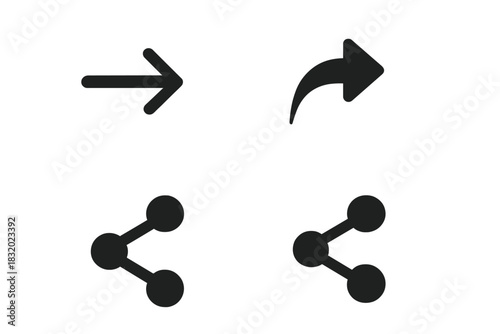 Set of simple directional and sharing icons in black on white background for easy navigation and sharing