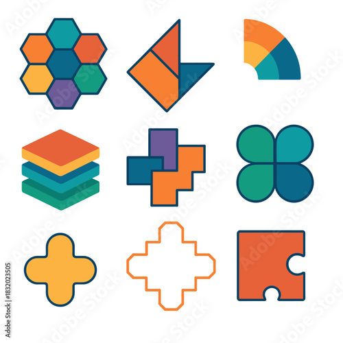 Vibrant Geometric Puzzle. Abstract Puzzle Forms flat icon set: geometric pieces, hex tiles, triangle segments, circle arcs, color-coded shapes, layer stack, modular blocks, fractal