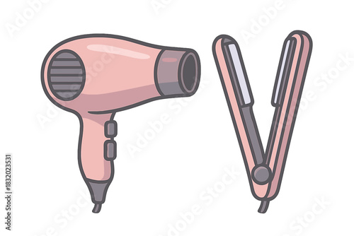 Pink hair dryer and flat iron placed together on a clean white background showing beauty tools for personal grooming
