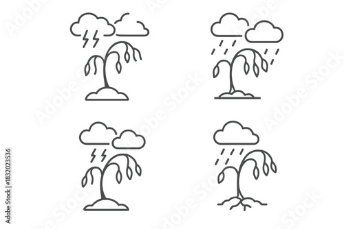 Weather icons illustrating rain and storm conditions affecting a wilting tree in a series of four panels