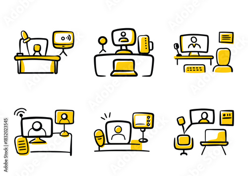 Doodle icons illustrating online meetings and remote work setups in bright yellow
