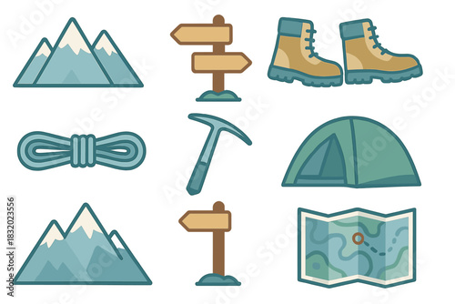 Outdoor adventure gear and navigation tools for mountain hiking and camping trips