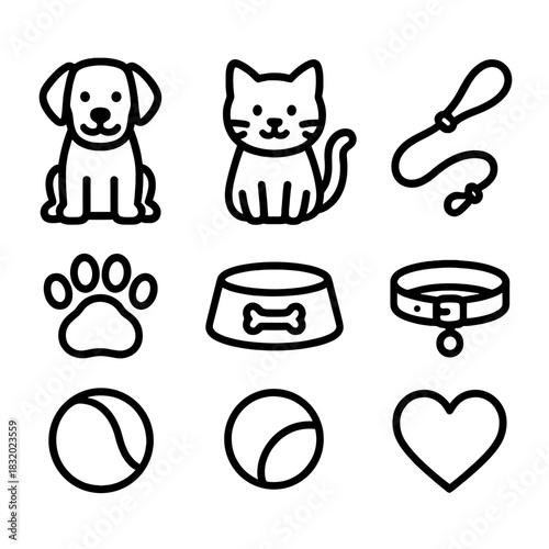 Pet Icons Collection. Pet Companionship linear icon set. dog, cat, food bowl, leash, paw print, toy ball, collar, heart