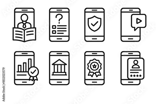 Corporate Learning Icons. Corporate Mobile Learning linear icon set: employee training app, skill assessment quiz, compliance tracker badge, onboarding video icon, certification