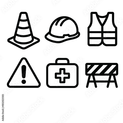 Worksite Safety Icons. Labor Day Worksite Safety Set linear icon set: caution cone, hard hat, safety vest, warning sign, first-aid kit, secure barrier