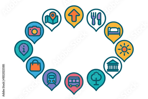 Symbols representing various travel and tourism services in a colorful design