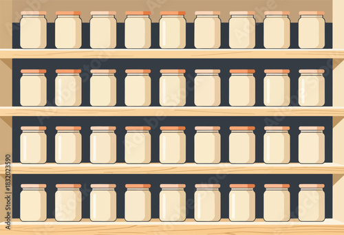 A wooden shelf unit featuring rows of uniformly sized jars filled with a creamy substance, closed