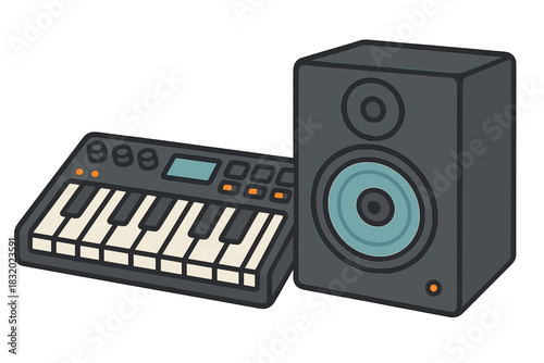 Music production equipment featuring a MIDI keyboard and studio monitor near a workspace in a creative studio environment