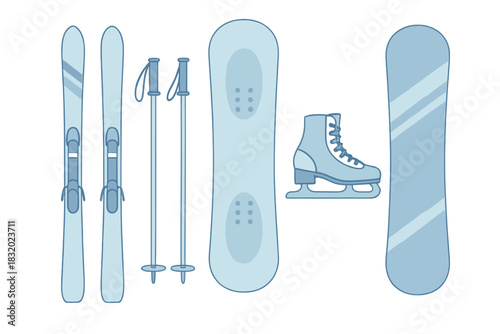 Winter sports equipment including skis, snowboard, ice skates, and ski poles arranged neatly on a white background