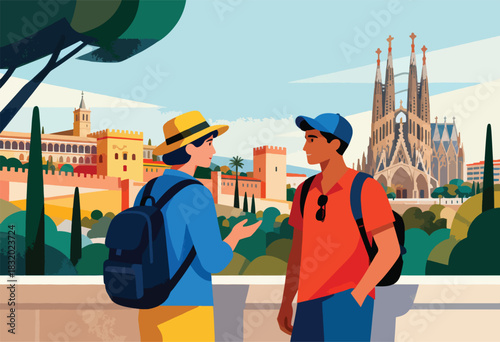 A colorful vector illustration of two people sightseeing with a historical building and church in the background