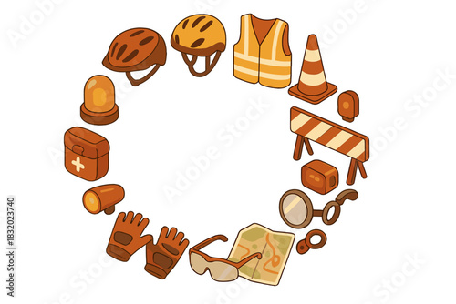 Safety equipment and tools arranged in a circular layout for construction and outdoor activities