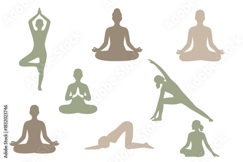 Silhouettes of people practicing yoga in different poses for relaxation and exercise