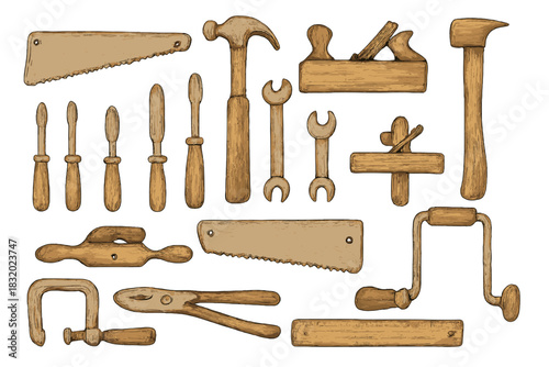 Collection of vintage wooden hand tools for carpentry displayed on a white background