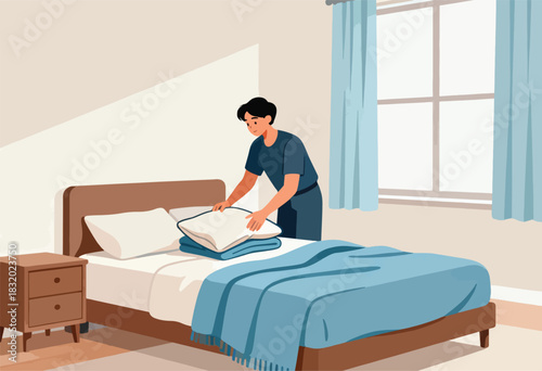 An illustration shows a person making a bed in a bedroom. The person is arranging the pillows and covers