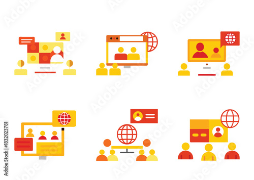Vector set of flat style icons representing global communications and connections