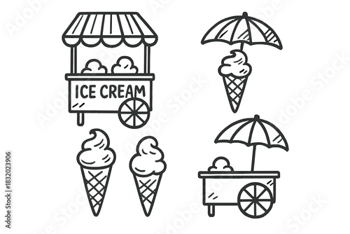 Ice cream cart and cones in a playful, hand-drawn style with details of summer treats