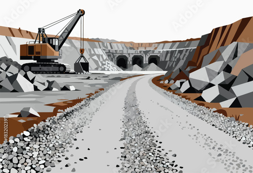 An illustration shows an open-pit mine with a track-mounted excavator and tunnels. A gravel road leads towards the tunnels