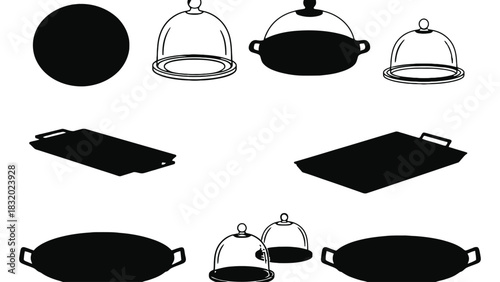 Various serving dishes and trays in black and white line illustration