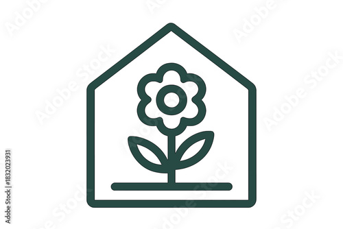 Flower in a greenhouse outline symbolizing nature and growth with a simple design
