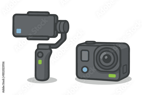 Essential equipment for content creators including a stabilizer and an action camera for capturing dynamic moments