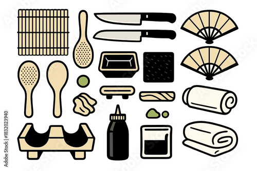 Kitchen tools and decorations for preparing sushi at home with various utensils and accessories