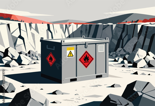 An illustrative depiction of a hazardous materials container in a rocky landscape with cliffs and a red horizon