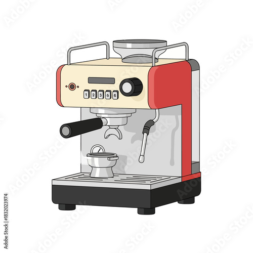 Stylized illustration of a vintage-inspired espresso machine with red and cream accents ready to