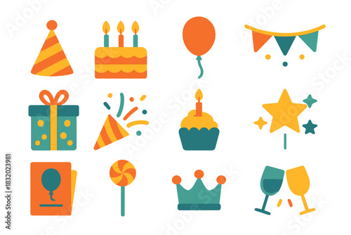 Colorful decorations and treats for a fun birthday celebration with party hats, balloons, and cakes