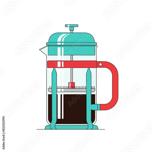 Modern minimalist french press illustration showcasing precise lines and bold color contrasts