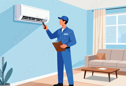 A technician in a blue uniform services an AC unit in a living room, holding a screwdriver and clipboard