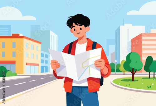 A young traveler in urban setting studies map, road/buildings in background, blue sky with clouds