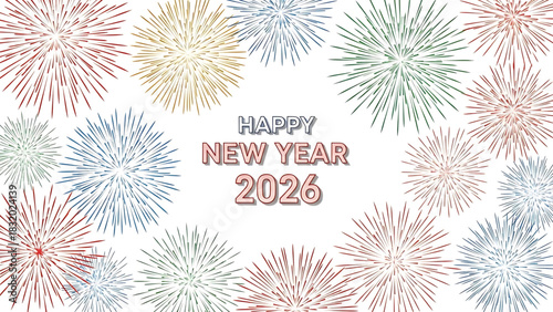 Happy New Year 2026 with celebratory fireworks background illustration