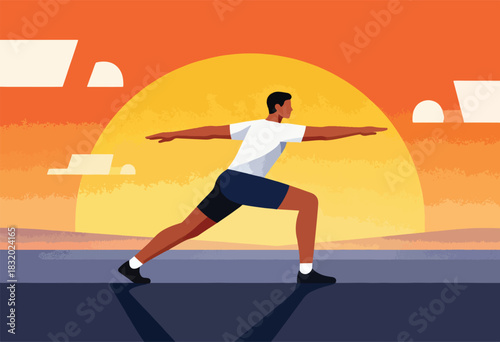 A person in a yoga pose against a sunset. The scene uses warm colors, with shadow reflection