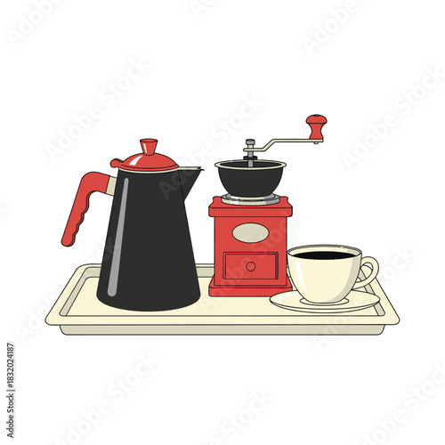 Artistic depiction of retro coffee brewing setup showcasing a vintage grinder and server