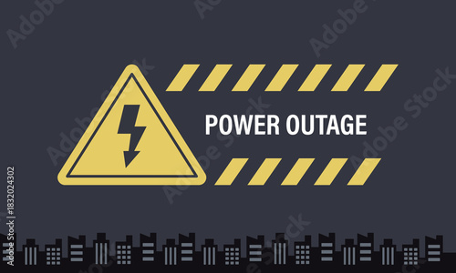 停電サインと都市景観のイラスト – インフラ障害／警告表示