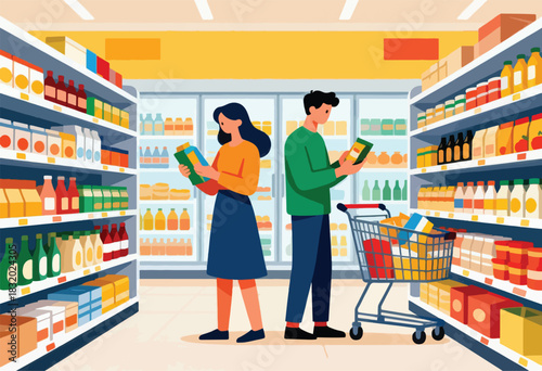 Flat illustration of two people shopping in a supermarket aisle, choosing products. A cart is nearby