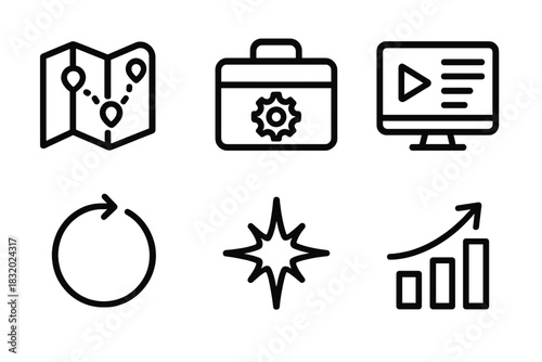 Mobility Icons Set. Professional Mobility linear icon set: mobility map, portable toolkit, learning module, connection loop, performance spark, advancement arrow