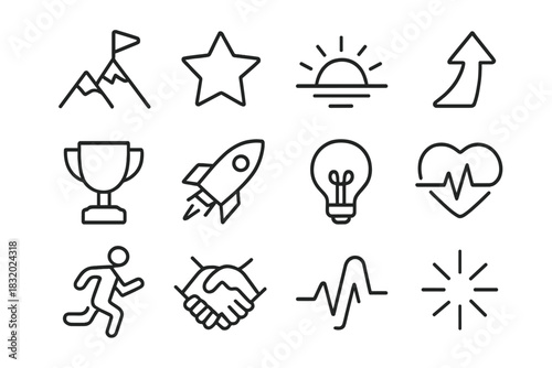 Motivation Icon Montage. Motivation Concept linear icon set. mountain peak, goal flag, star, sunrise, arrow upward, trophy, rocket, light bulb, heartbeat line, runner, handshake