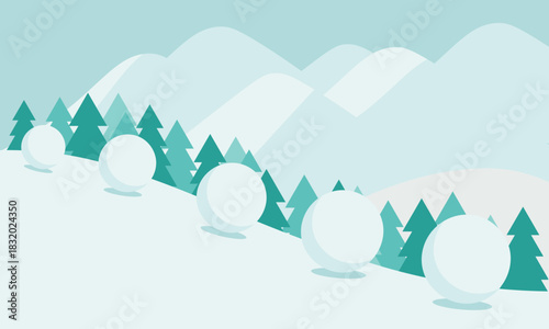 雪だるま効果を表す風景イラスト – 成長・積み上げ・スノーボール概念